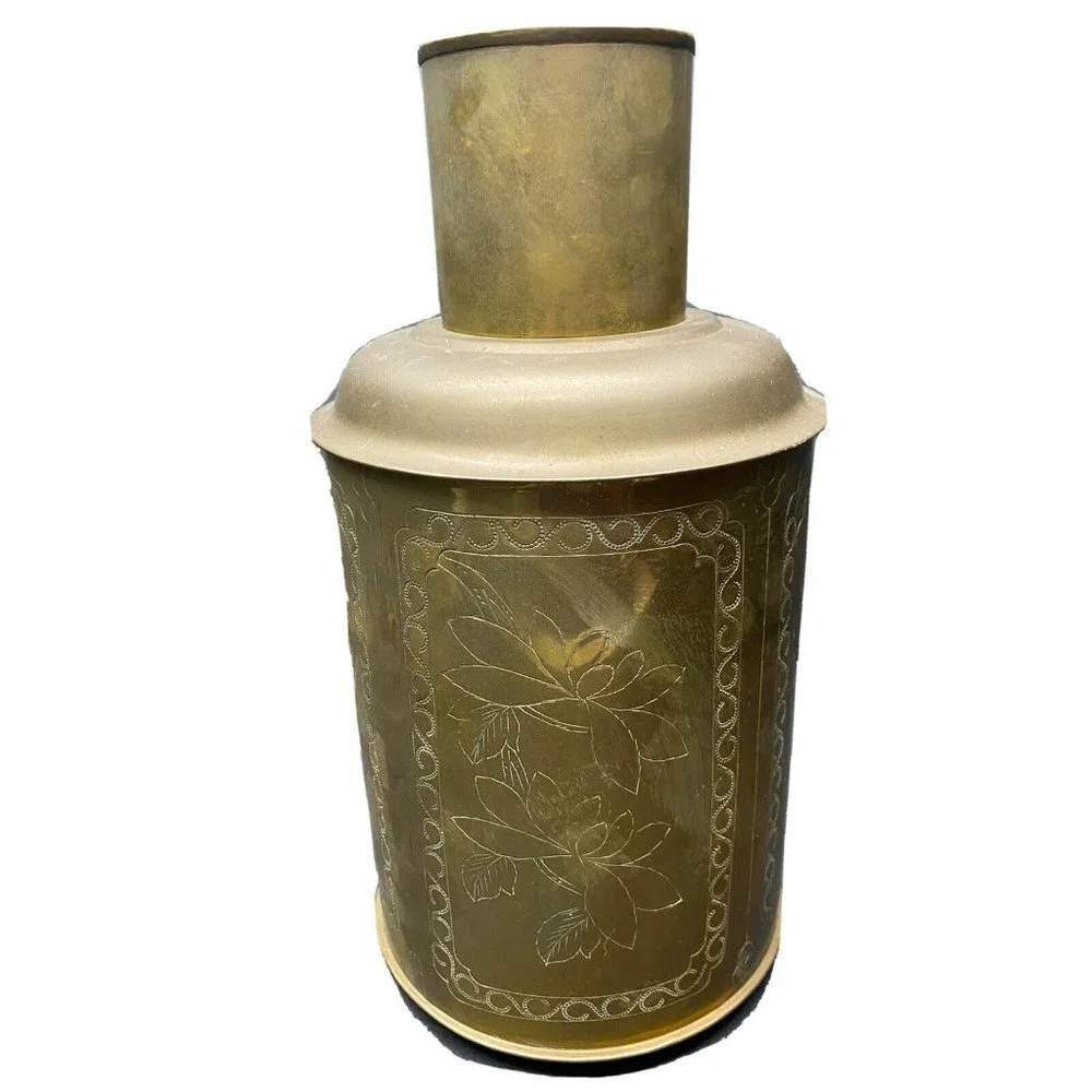 VTG 50s Brass‎ Tea Canister Jar Container Floral Etched Gold 12.5